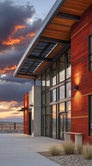 Modern building exterior at sunset featuring solar panels and rammed earth walls in a sustainable design approach