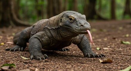Obraz premium Closeup of a Komodo dragon, a rare animal that only lives naturally on Komodo Island, Indonesia.