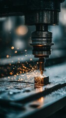 Metalworking drill in action close up industrial machinery sparks flying manufacturing precision engineering dark moody