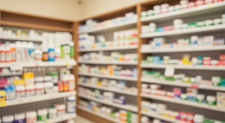 Blurred pharmacy shelves, abundance of medication and healthcare products, focus on wellness