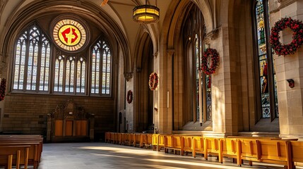 Fototapeta premium Cathedral Christmas Sunlight Interior Benches