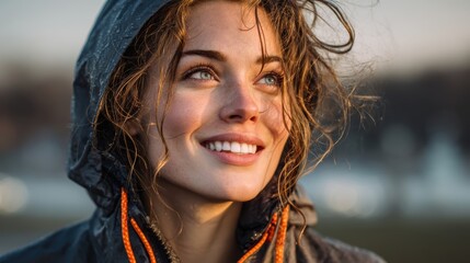 A woman smiling after a jog, appreciating the beauty of nature and staying active.