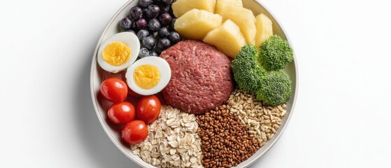 Nutritious balanced bowl overhead studio shot featuring meat eggs vegetables fruit and seeds for healthy eating diet