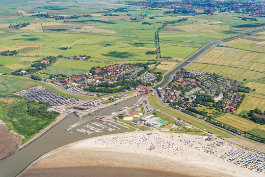 Bensersiel. Aerial view of the North Sea resort on the Wadden Sea in the district of Wittmund in Ostfriesland, East Friesland, Lower Saxony, Germany.