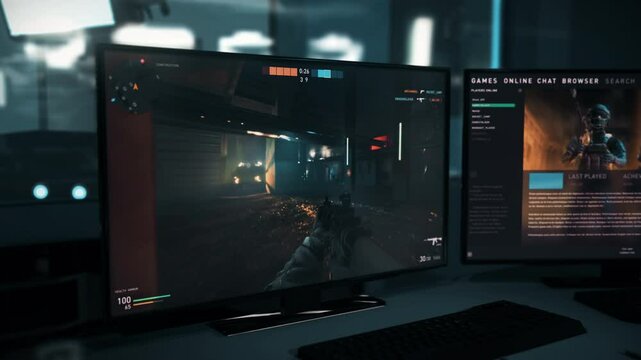 Playing the online first-person shooter computer game. Playing in the online esports competition of the modern war game. Player has been defeated by the terrorist enemy in the online game.