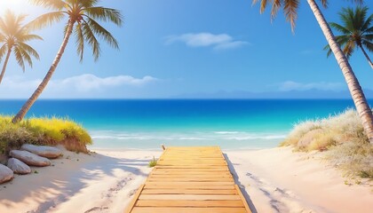 Obraz premium Serene Tropical Beach Scene Wooden Walkway to Turquoise Ocean