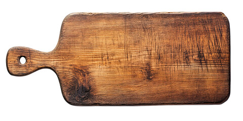Rustic wooden cutting board with handle isolated on white transparent background