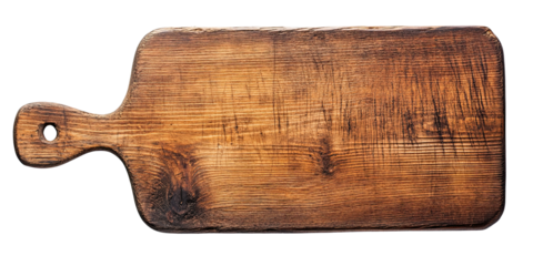 Rustic wooden cutting board with handle isolated on white transparent background