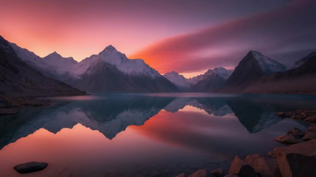 Panoramic sunset reflection of mountains on a lake