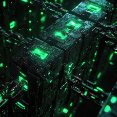 Dark, futuristic cubes connected by glowing chains.  Detailed close-up view of intricate, textured structures