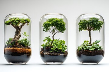 Three miniature bonsai trees growing inside glass terrariums against a clean white background