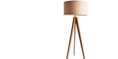 Modern wooden tripod floor lamp with fabric shade 
 isolated on white transparent background