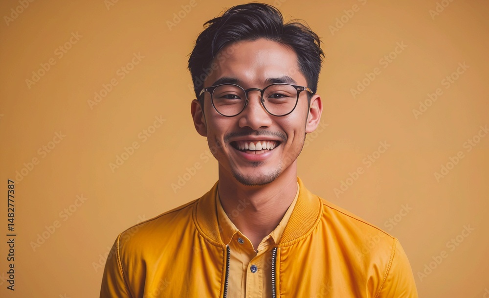 Poster man with glasses is smiling and wearing a yellow jacket. concept of warmth and happiness, as the man