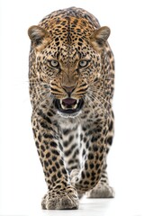 Obraz premium Leopard Walking Forward Snarling Showing Teeth Low Angle Isolated on White Background Studio Shot