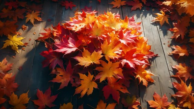 Maple leaves bouquet on wooden surface with space for text.