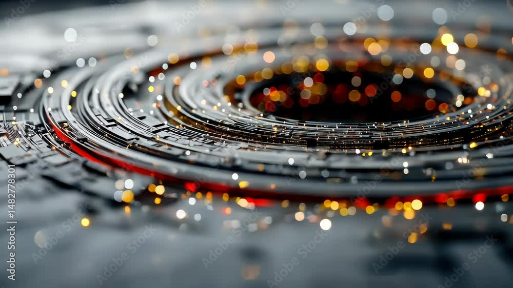 Poster abstract glowing circular structure composed of layered digital circuits and sparkling particles in 