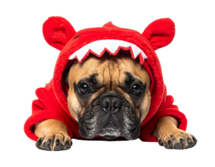 A French Bulldog wearing a red costume with pointy ears and white jagged teeth details.