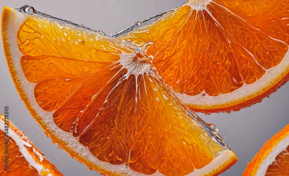 Poster Close up of an orange with the peel still on it. The orange is sliced in half and the inside is shown