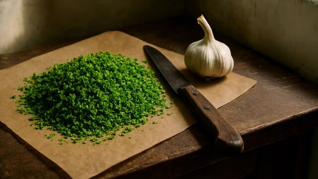 Freshly Chopped Herbs Garlic Rustic Kitchen Cooking Ingredients Food Preparation
