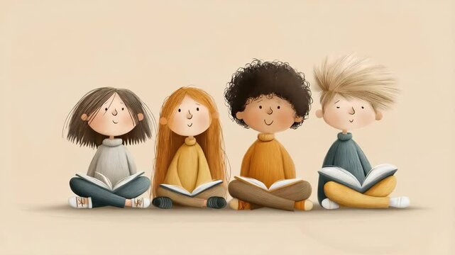 illustration of group of children reading books together, flat animation