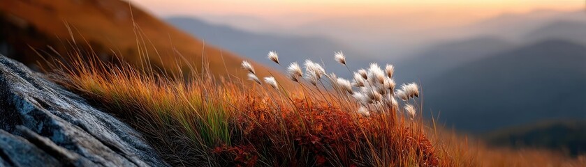 Obraz premium Blowing in the wind on grassy hill with dreamy sky concept. A serene mountain scene with vibrant grass and soft clouds.
