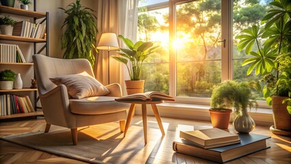 Sunlit Living Room with Plants and Books
