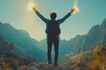Obraz premium Happy hiker raising arms towards sunlight, mountain range
