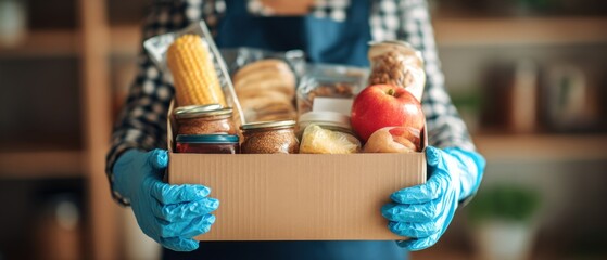 Obraz premium Person Holding Food Donation Box with Gloves Close Up View Charity Concept