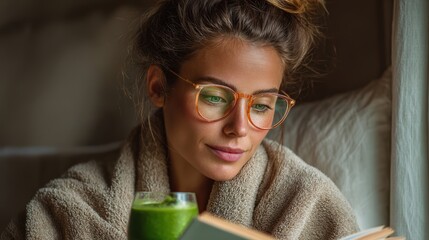 Happy woman sipping a green smoothie while reading a book on her relaxing morning.