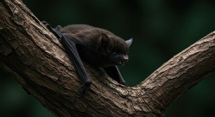 Obraz premium Black Bat Perched on Tree Branch