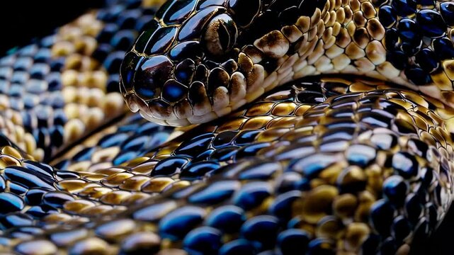 Close-up of shiny blue and gold snake scales moving in abstract fluid pattern, detailed reptile texture creating luxurious shimmering effect