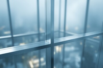 Fototapeta premium Abstract view looking out skyscraper window at night city lights in soft focus from high angle
