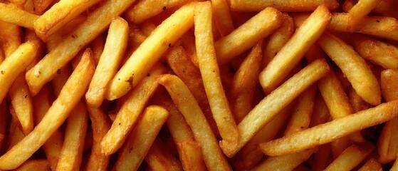 Overhead Close Up of a Pile of Golden French Fries Ready to Eat Delicious Snack Food Fast Food Restaurant Meal