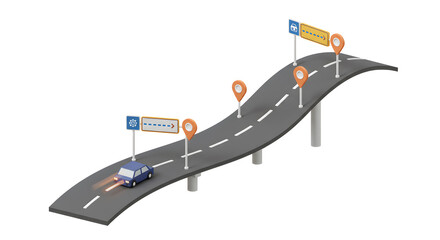 3D Illustration Of A Road Overpass With Moving Blue Car And Location Markers On White Background