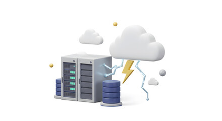 3D Illustration Of Server Racks Cloud Lightning And Data Storage On White Background