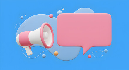 3D Illustration Of Pink And White Megaphone Near Speech Bubble On Blue Backdrop