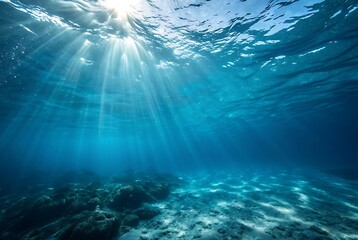 Fototapeta premium Stunning Underwater Scene Sunbeams Illuminate Ocean Floor Rocky Seabed