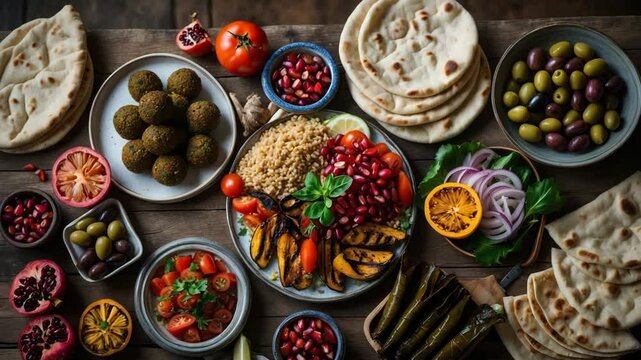 Showcase of appetizers including falafel, pita bread, bulgur and tomato salads, grilled vegetables, stuffed grape leaves, olives, and nuts.