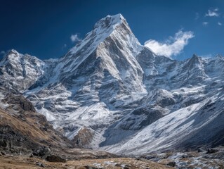 Obraz premium Majestic Machapuchare Mountain Peak View from Base Camp in Nepal Annapurna Region on Clear Day Landscape