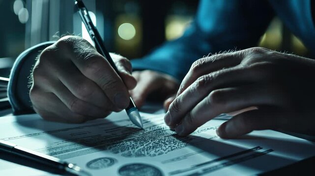 Handwriting penmanship closeup: focused signature process on important document