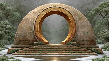 Mystical Stone Archway in Snowy Winter Landscape