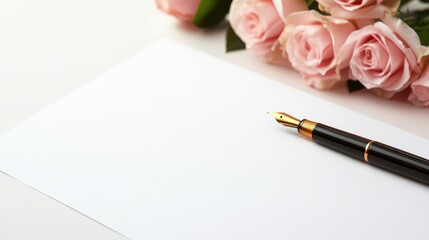 Blank note paper with pen and roses