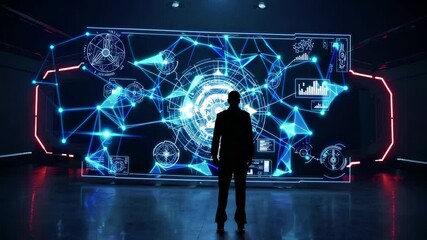 Silhouette of man interacting with futuristic digital interface displaying global data, AI systems and tech network connections in glowing blue environment - Powered by Adobe