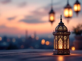 Fototapeta premium Elegant Ramadan lanterns with glowing lights and intricate Islamic patterns. Perfect for festive, spiritual, holy month, and cultural themes in religious or seasonal design projects. Copy Space