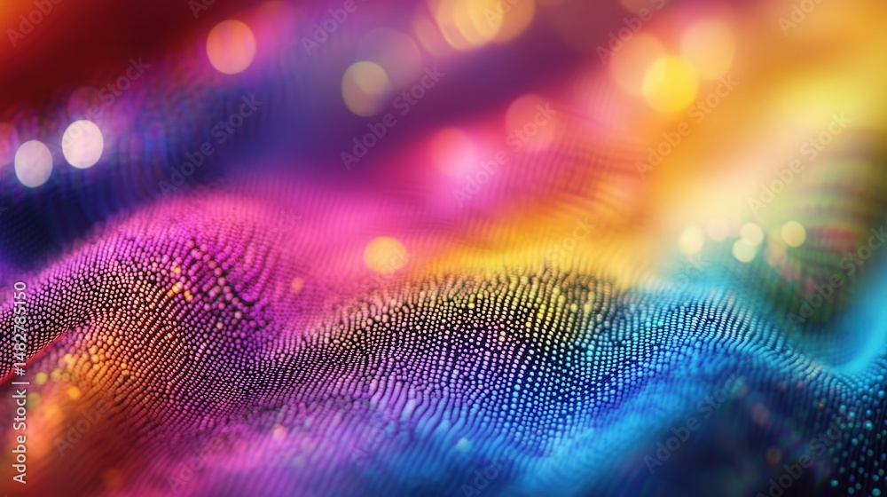 Poster rotating dots in an array of bright colors, moving in sync to create a colorful, swirling vortex of 