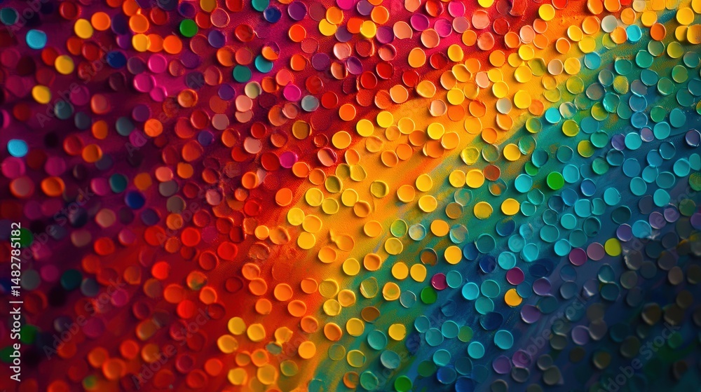 Poster rotating dots in an array of bright colors, moving in sync to create a colorful, swirling vortex of 