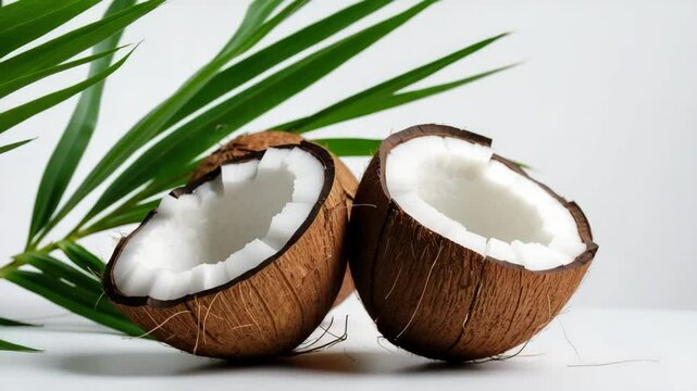 Coconuts and their leaves set on a white background