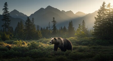 A big bear walking in the meadow with a bright afternoon atmosphere