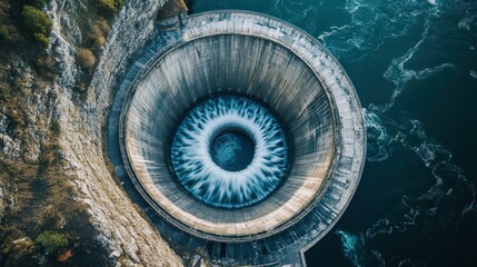 showcasing the spiral spillway of a dam as it directs water in swirling currents into a large basin below.