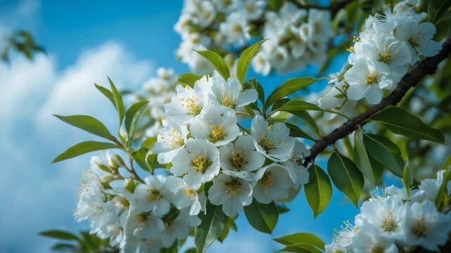 Pyrus communis showcases white blossoms set against a blue sky.